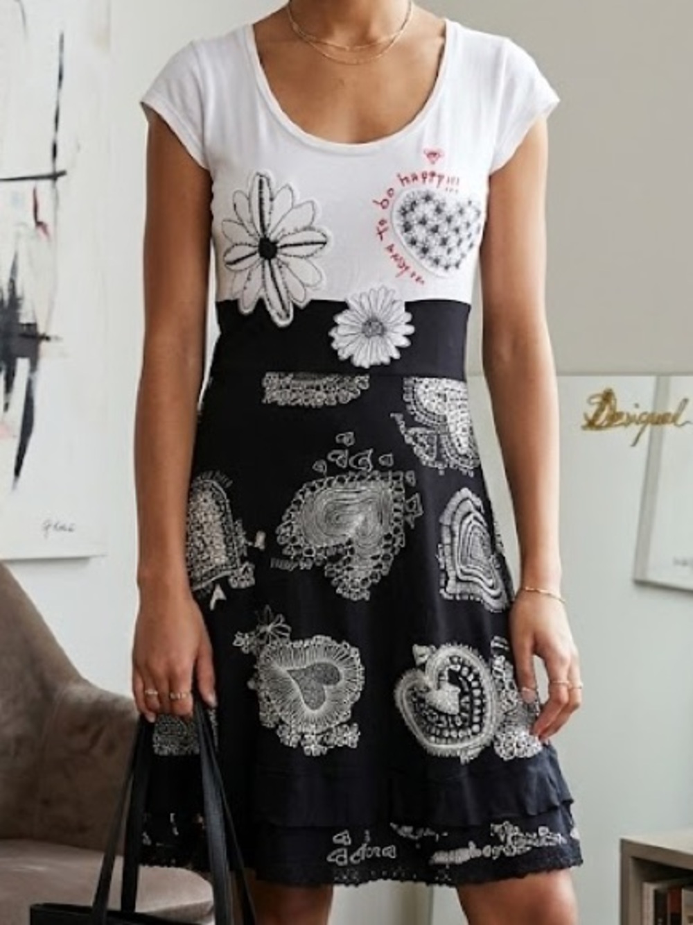 Vintage Desigual Black/White Graphic Patchwork Fit & Flare Mini Dress Artsy Y2K